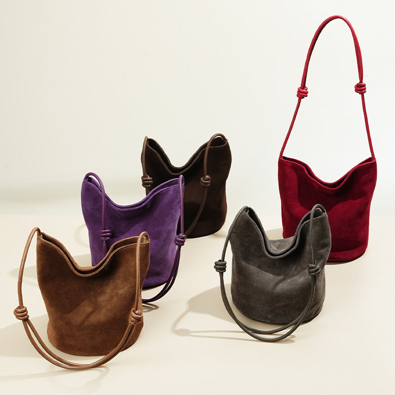 Suede Cowhide Top-Handle Basket Bucket