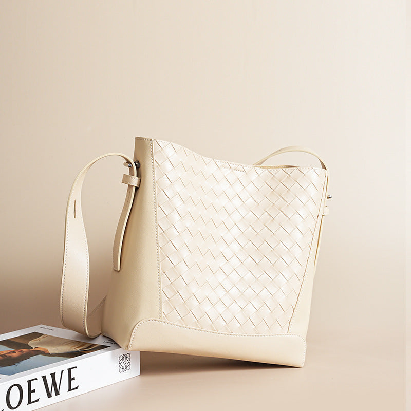 Woven Cowhide Leather Bucket Crossbody