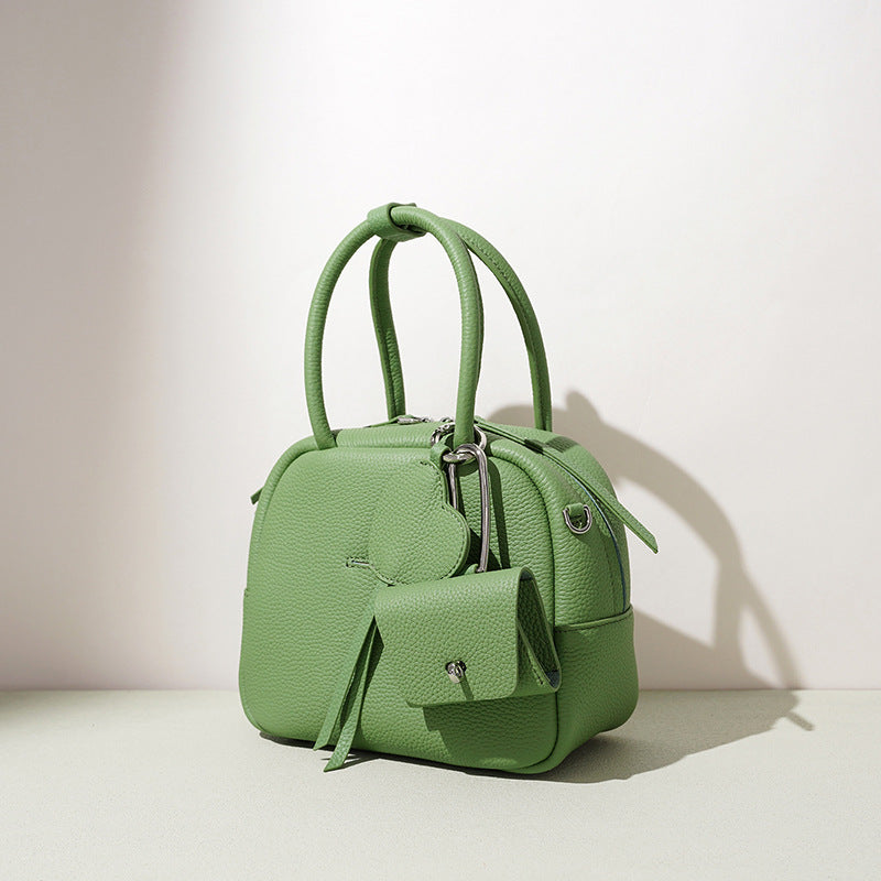Pebbled Leather Boston Bag with Heart Charm