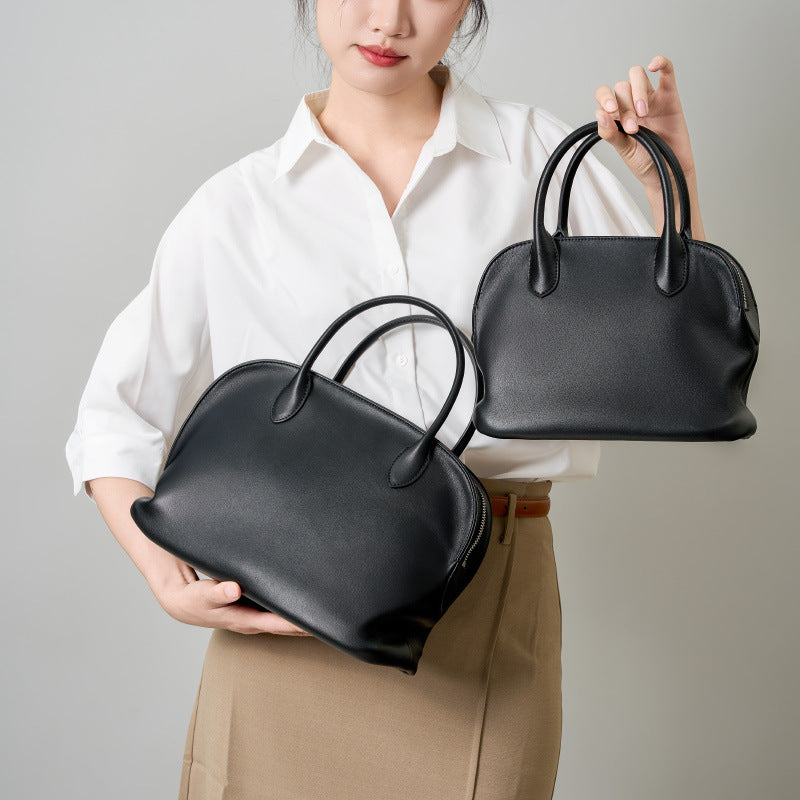Pleated Top-Grain Leather Shell Bag