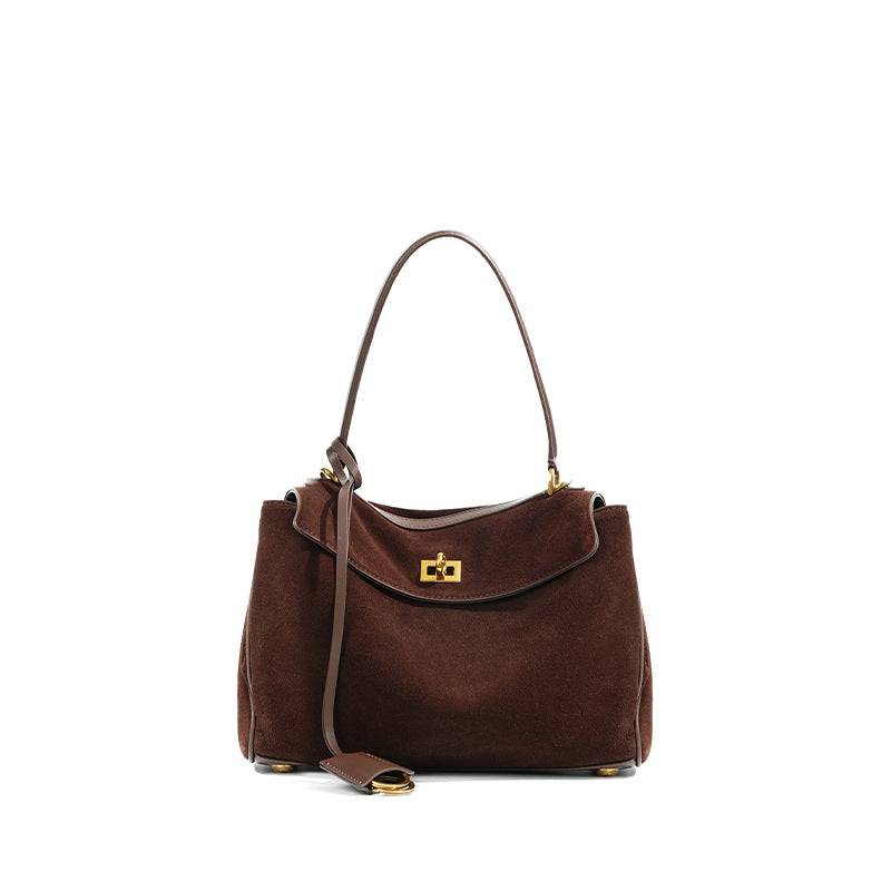Brushed suede belted tote — detail view