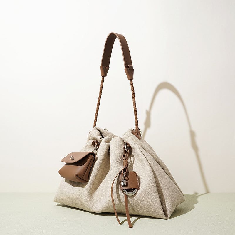 Linen and Top-Grain Leather Cloud Bag