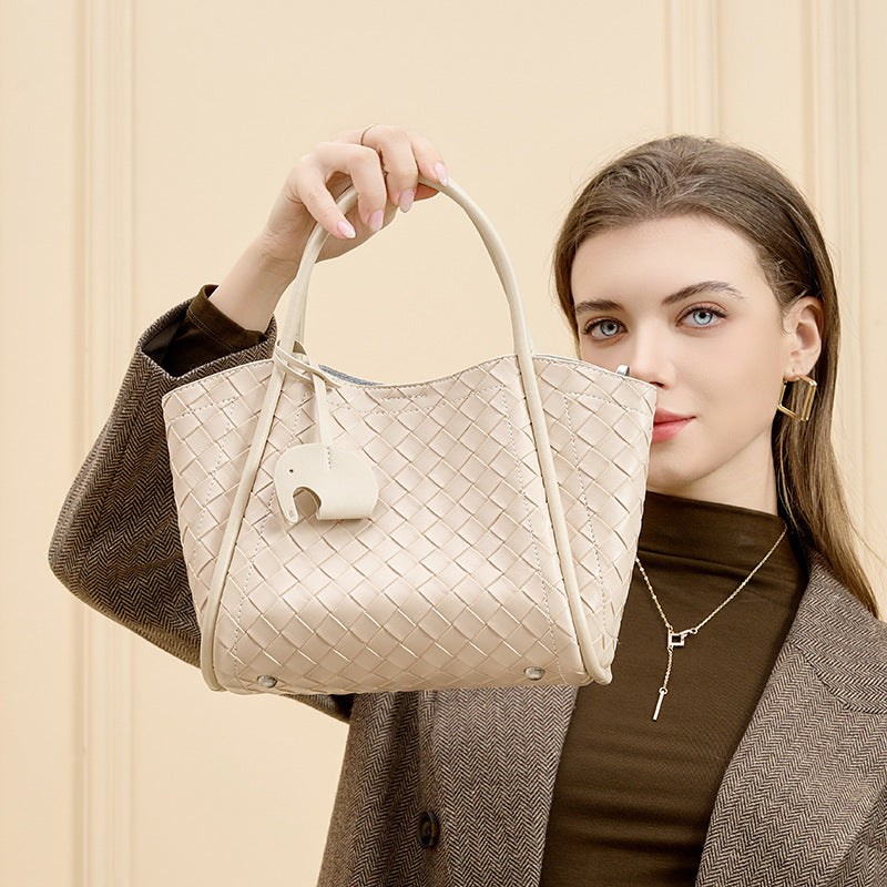 Compact Woven Leather Basket Bucket Bag