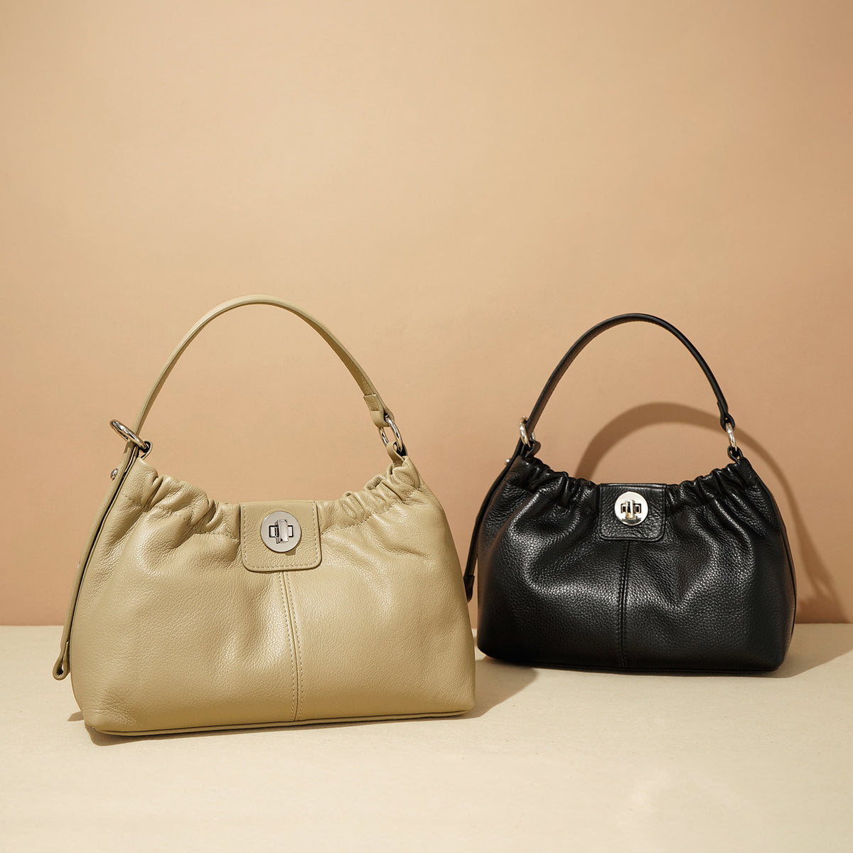 Soft Leather Pleated Lock Shoulder Bag