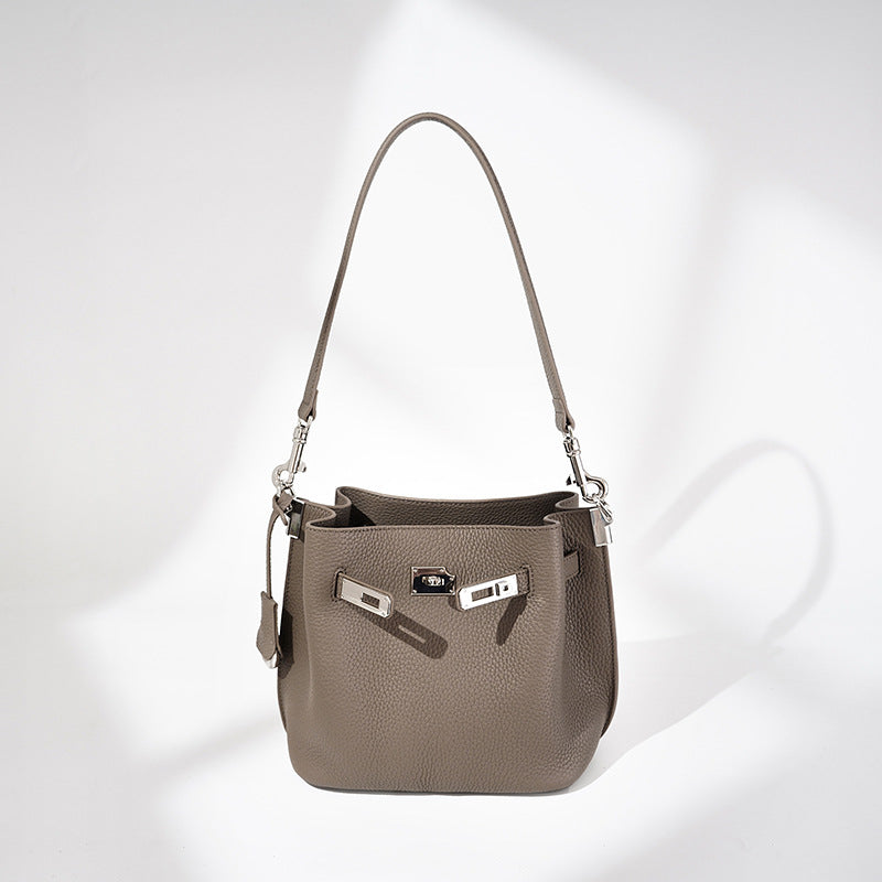 Solid Top-Grain Leather Basket Bucket Bag