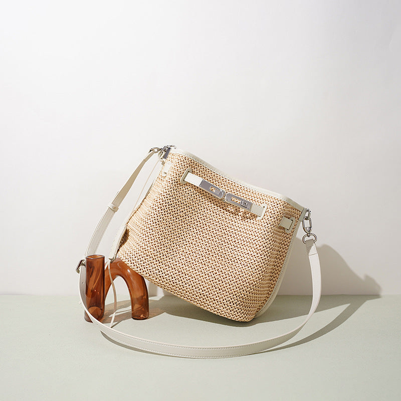 Woven Lock-Detail Vacation Bucket Bag