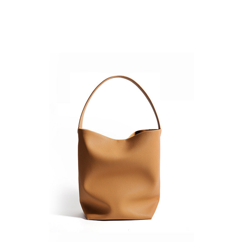 Pebbled leather bucket tote — detail view