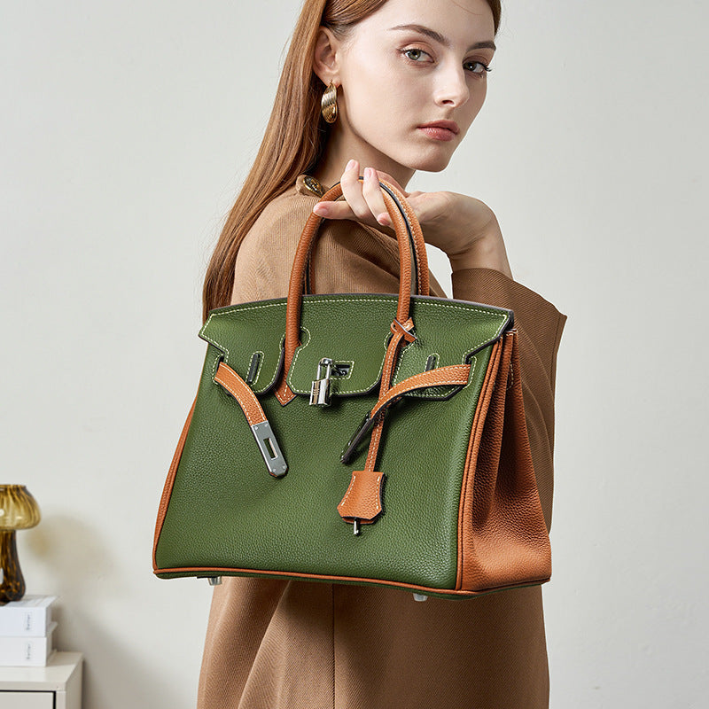 Contrast Pebbled Top-Grain Leather Satchel