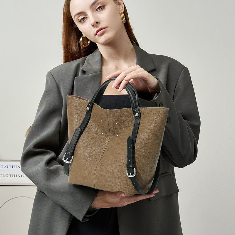 Structured Large Leather Basket Bucket Bag