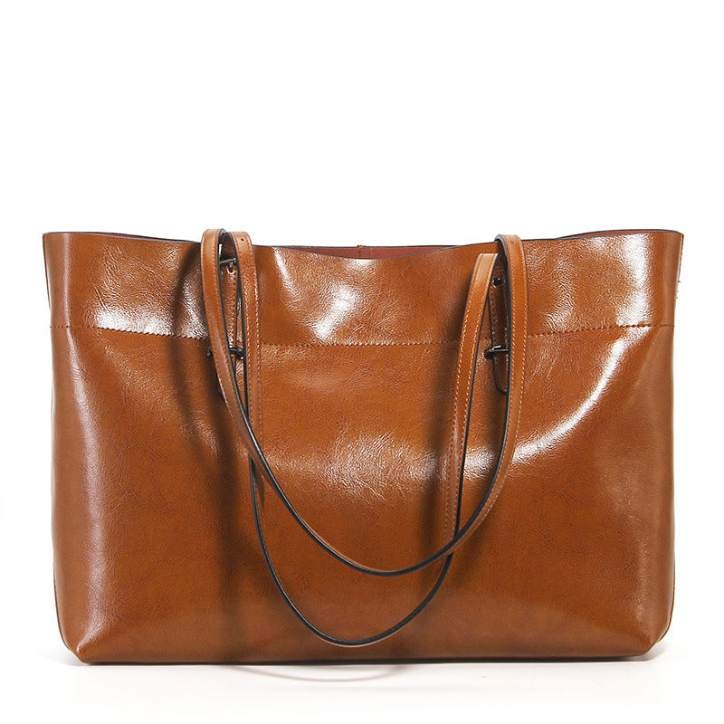 Oil-waxed leather carryall tote — detail view