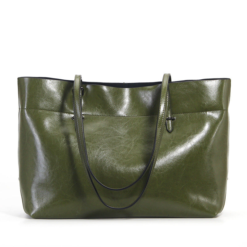 Oil-waxed leather carryall tote — detail view