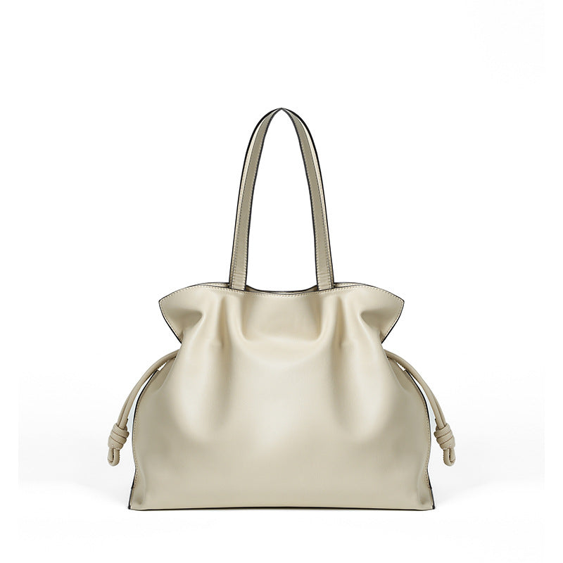 Cloud-pleated leather drawstring tote — detail view