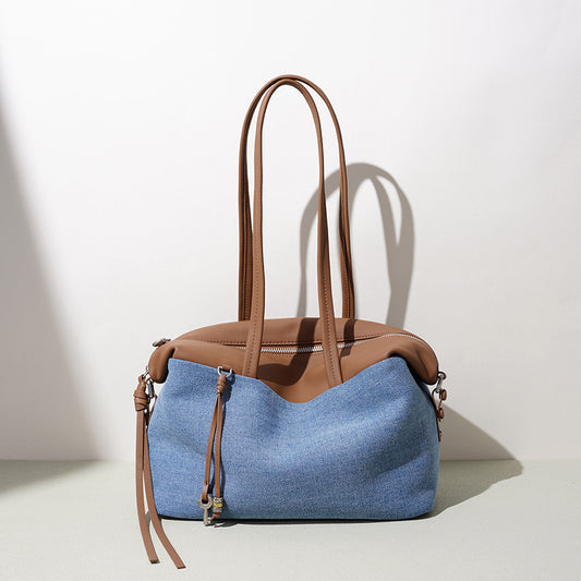 Denim and Cowhide Patchwork Tote