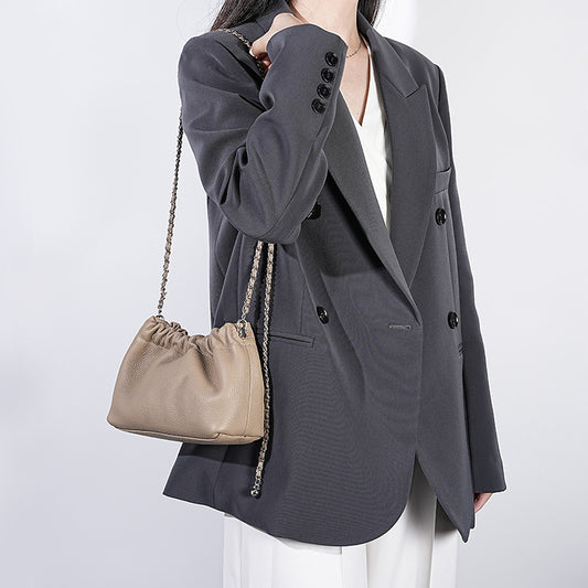 Ruched Full-Grain Leather Chain Hobo