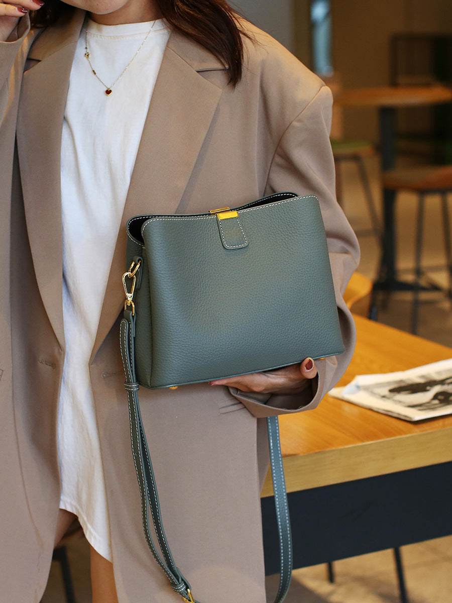 Leather crossbody bucket bag — detail view