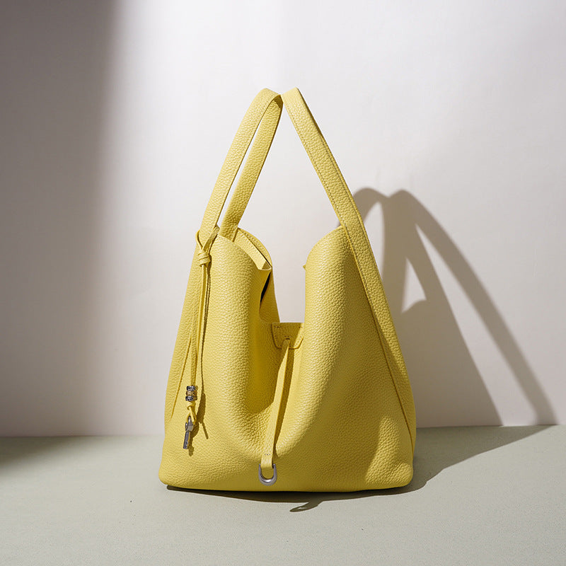 Large Leather Top-Handle Basket Bucket Bag