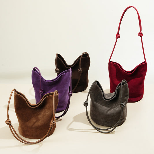 Suede Cowhide Top-Handle Basket Bucket