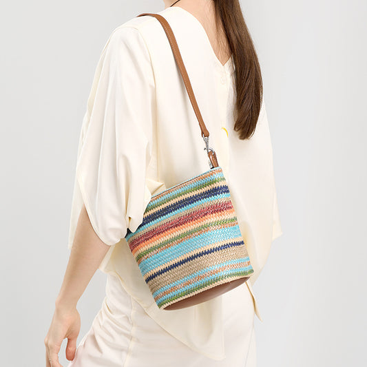 Rainbow Woven Cowhide Bucket Bag