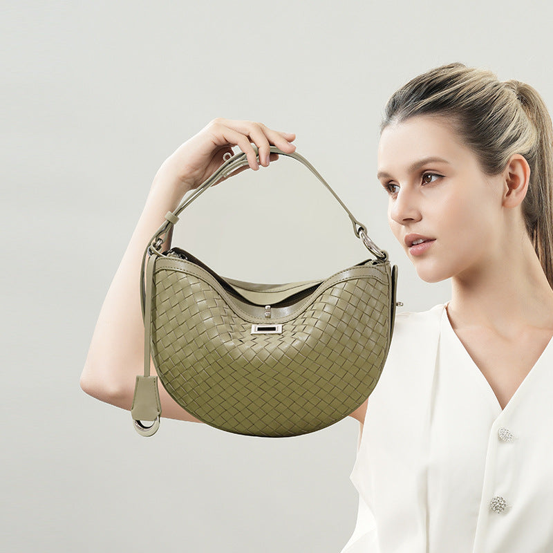 Woven Full-Grain Leather Crescent Bag