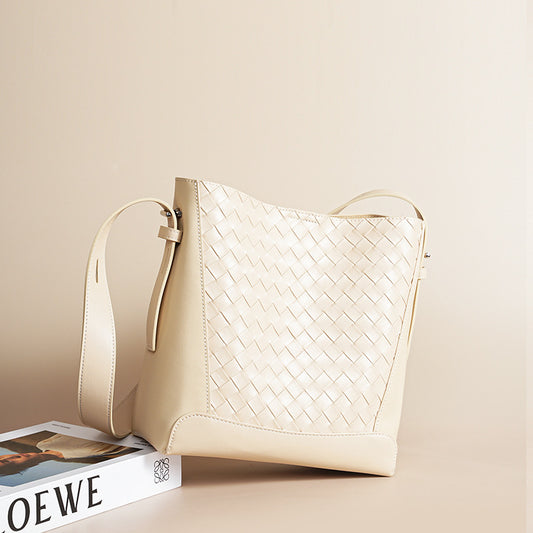 Woven Cowhide Leather Bucket Crossbody