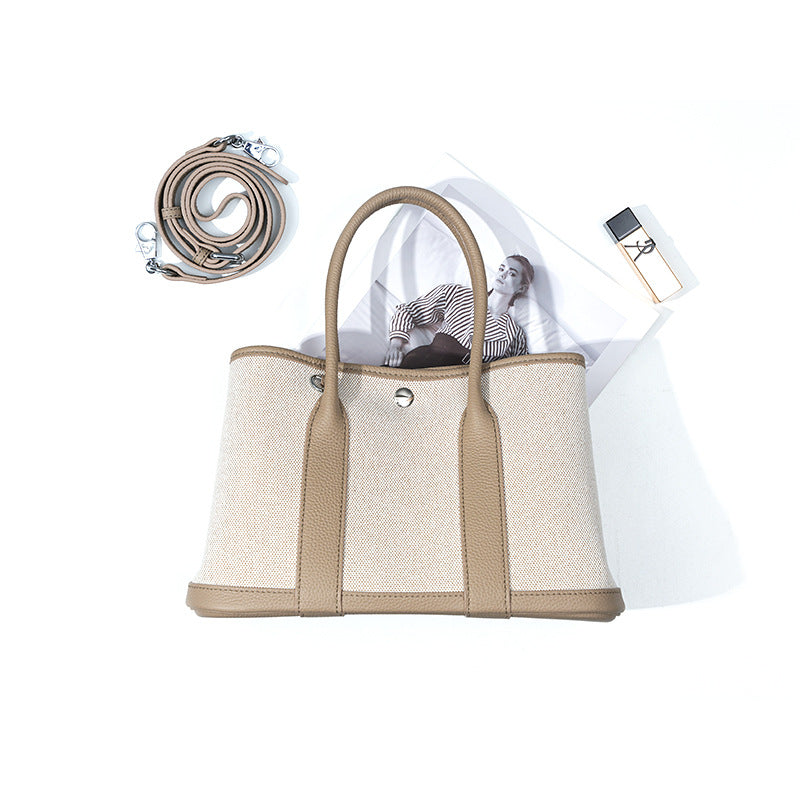 Canvas and leather structured tote — detail view