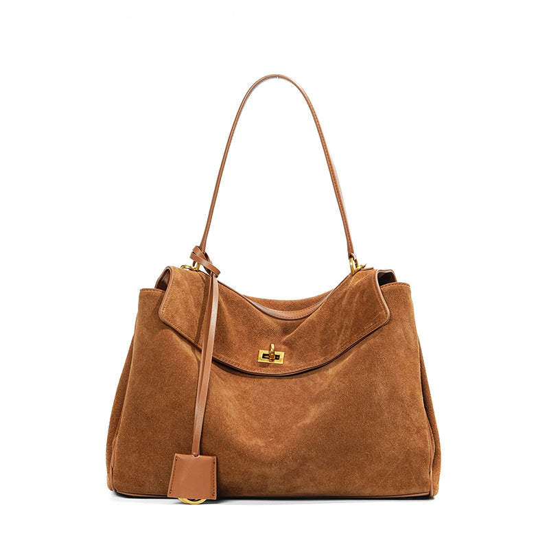 Brushed suede belted tote — detail view