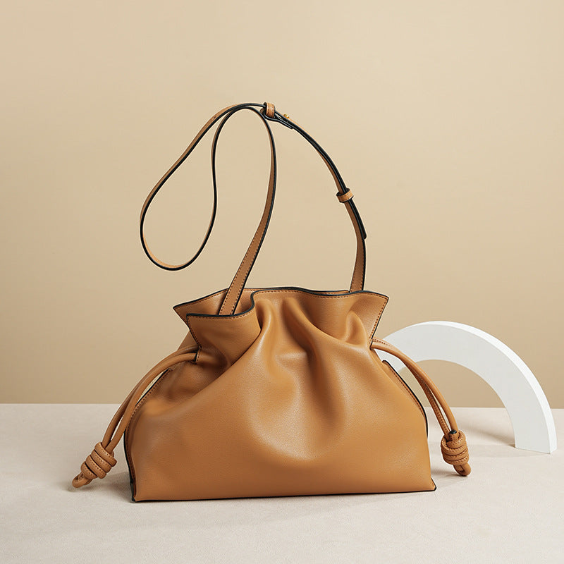 Ruched Cowhide Drawstring Bag