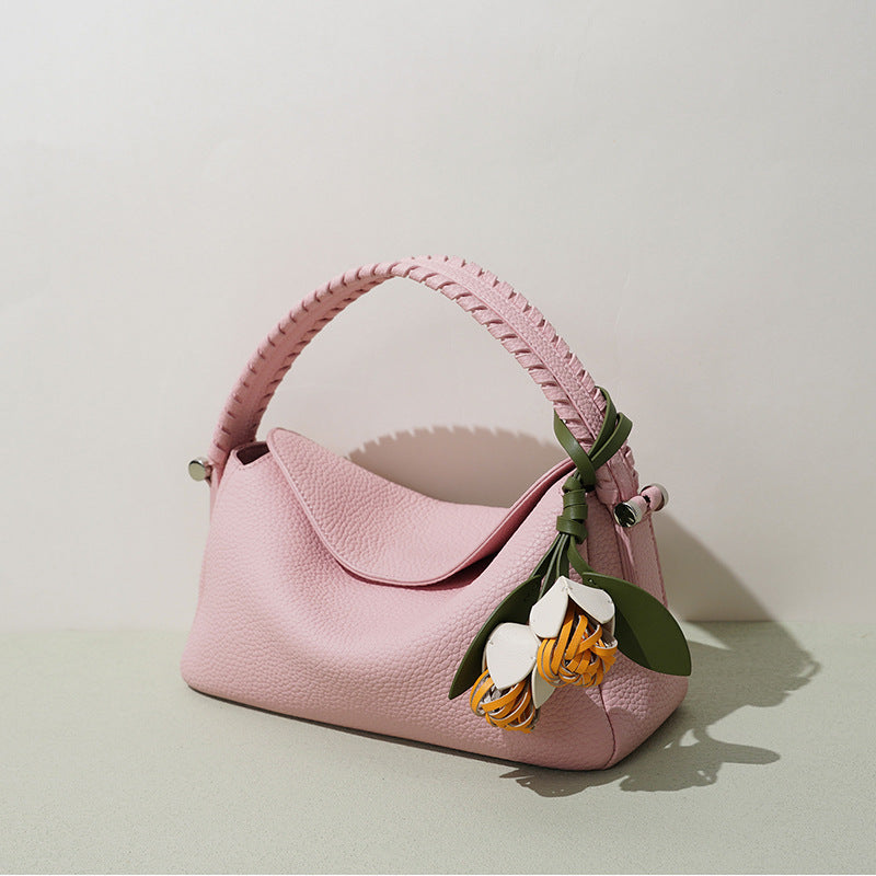 Woven Leather Floral-Charm Shoulder Bag