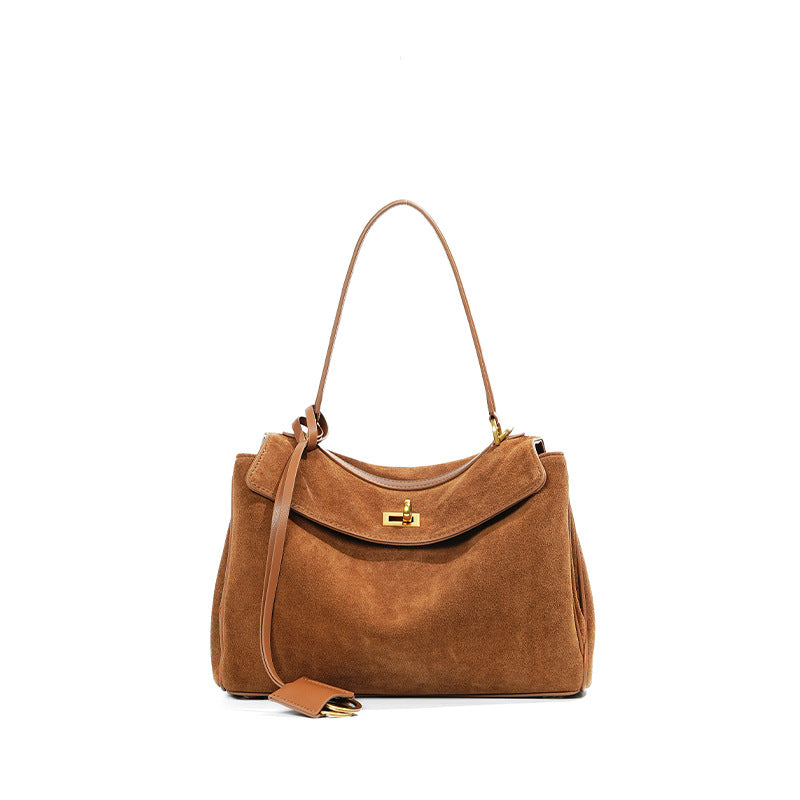 Brushed suede belted tote — detail view