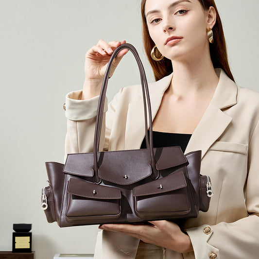 Cowhide Multi-Pocket Top-Handle Bag