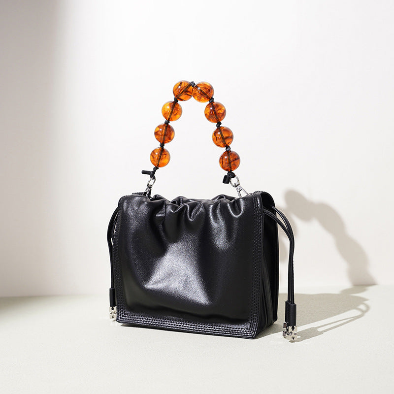 Ruched Leather Chain Bucket Bag