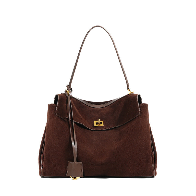 Brushed suede belted tote — detail view