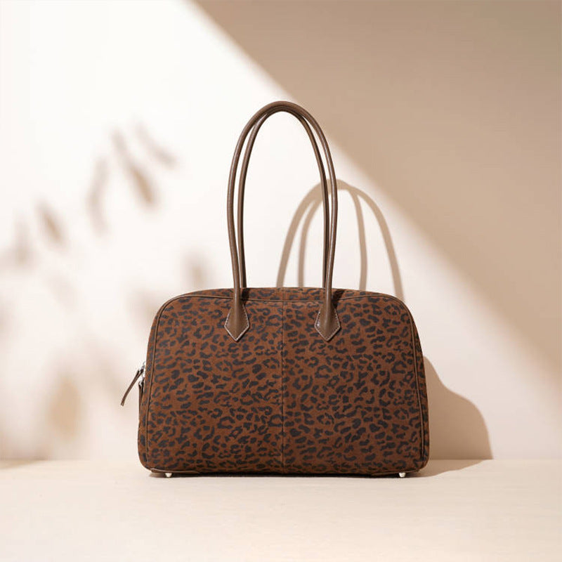 Leopard-Print Suede Bowling Bag