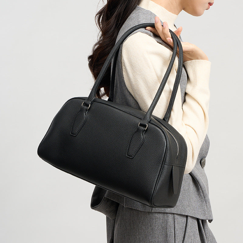 Black Pebbled Leather Bowling Bag