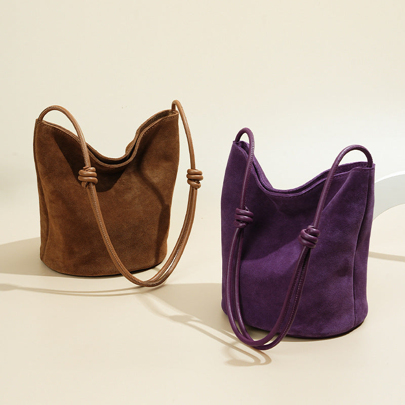 Suede Cowhide Basket Bucket Bag