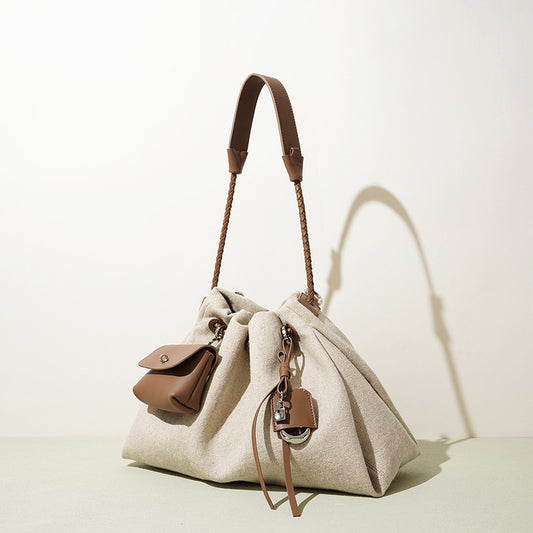 Linen and Top-Grain Leather Cloud Bag