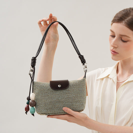 Top-Grain Leather Knit Dumpling Bag