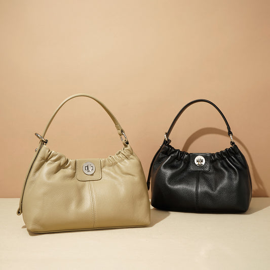 Soft Leather Pleated Lock Shoulder Bag