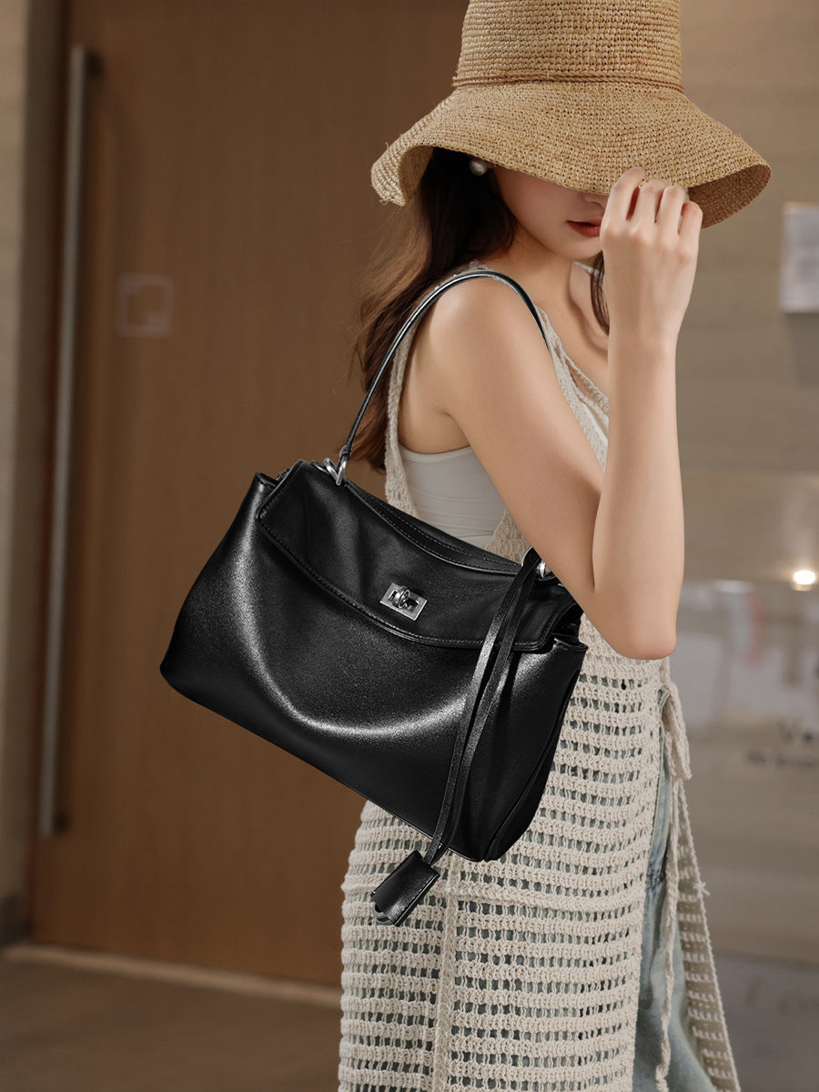 Leather ring-detail shoulder tote — detail view
