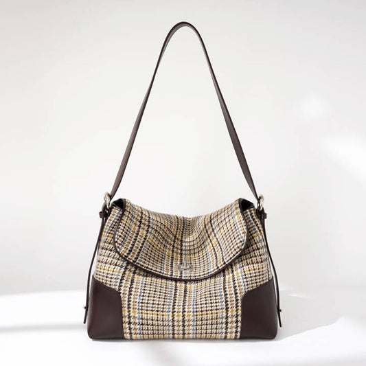 Houndstooth Wool and Leather Tote