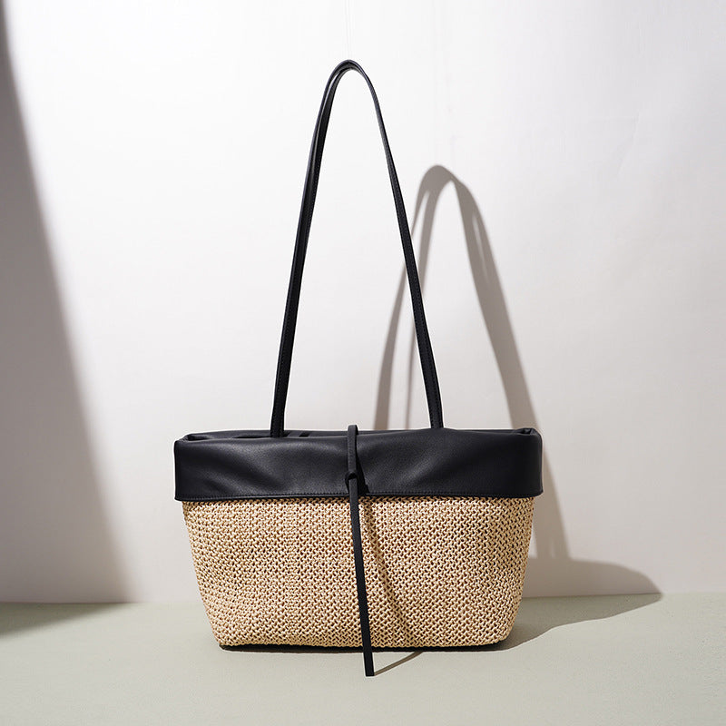Contrast Woven Straw Tote