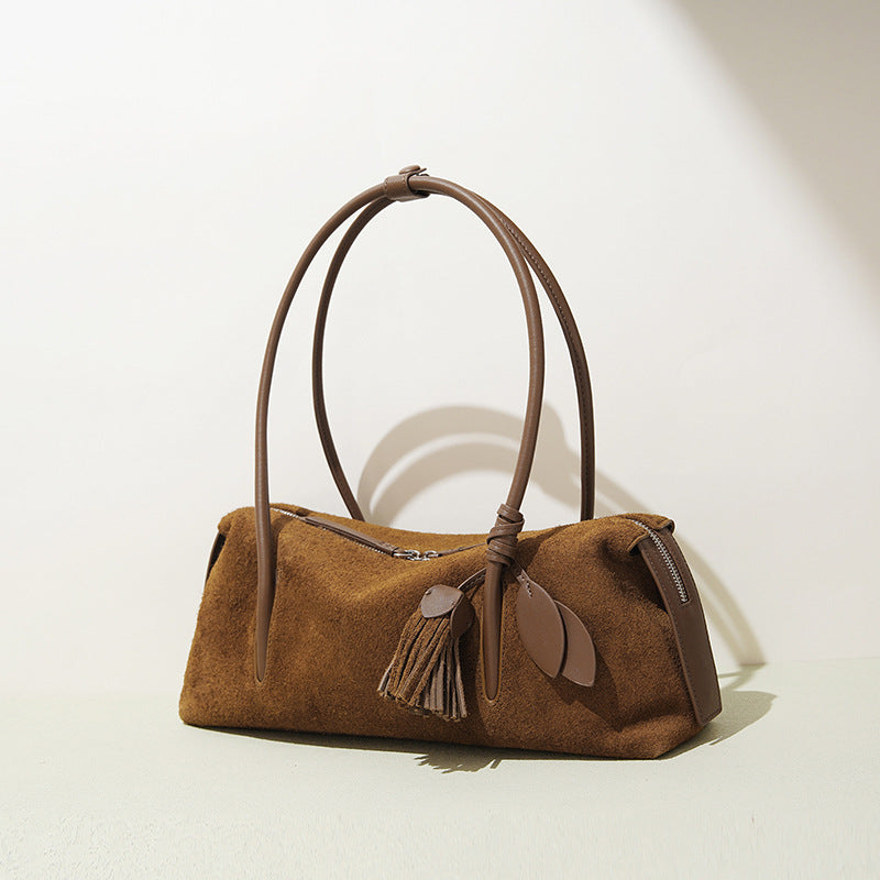 Suede Top-Grain Leather Baguette Tote