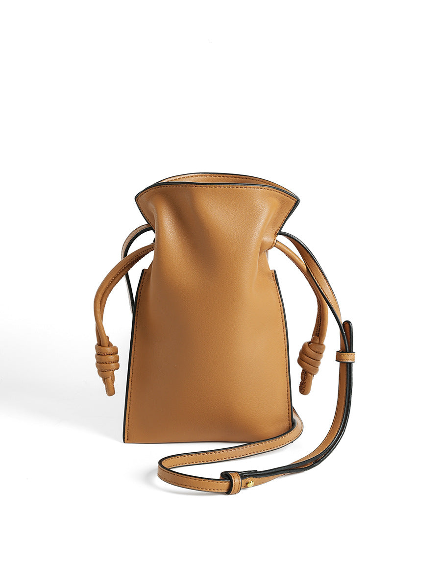 Pleated leather drawstring pouch — detail view