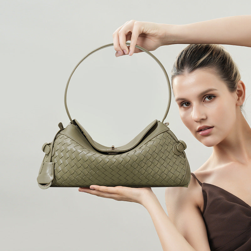 Woven Cowhide Leather Baguette Bag
