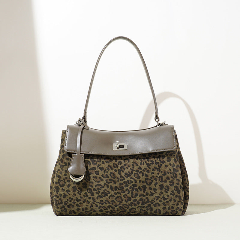 Leopard-Print Suede Leather Shoulder Bag