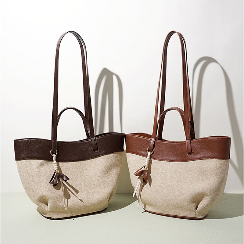 Contrast Linen and Soft Leather Tote
