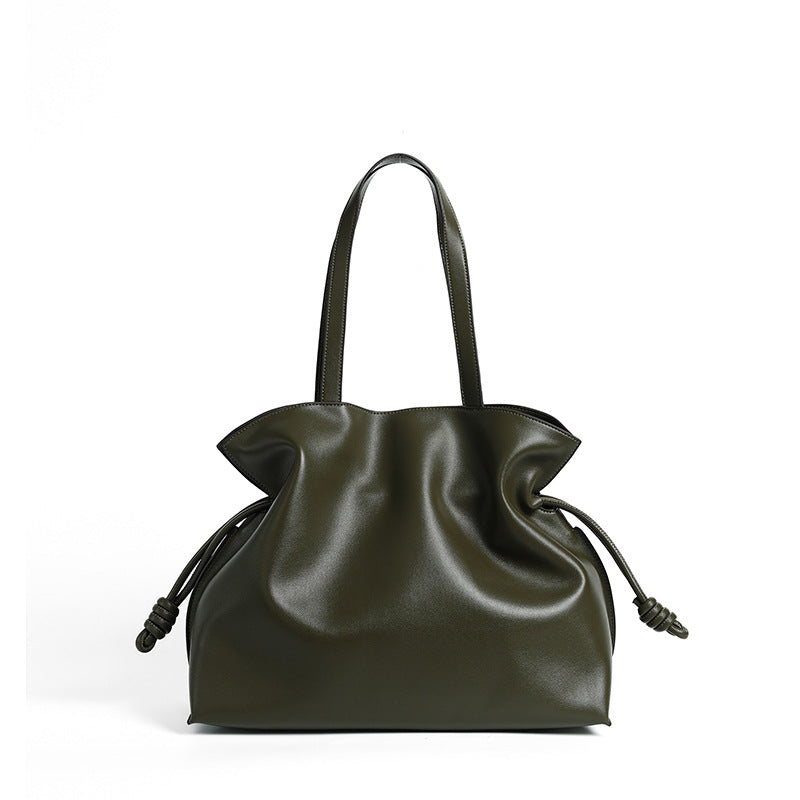 Cloud-pleated leather drawstring tote — detail view