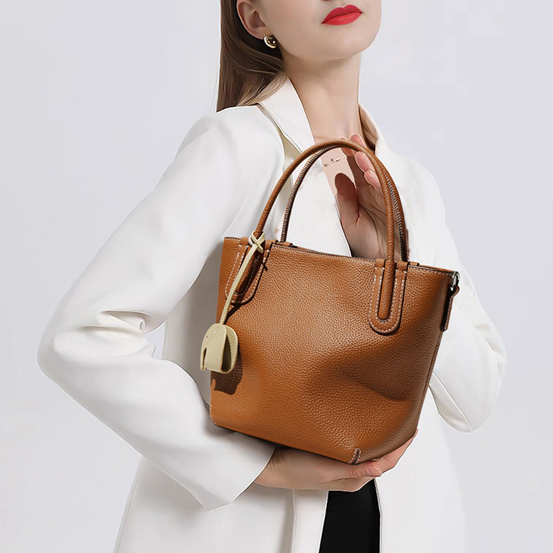 Top-Grain Leather Basket Bucket Bag