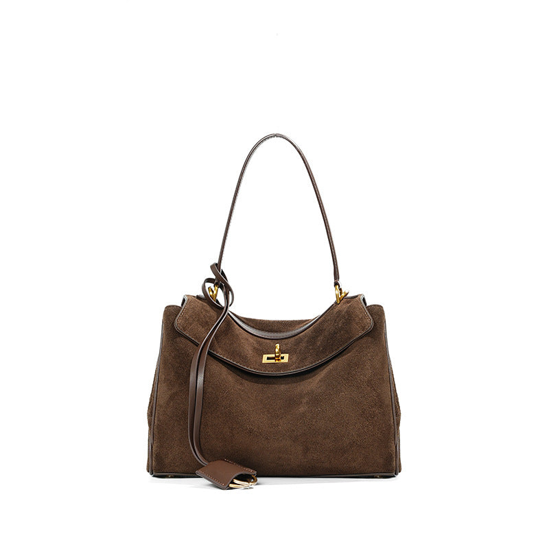 Brushed suede belted tote — detail view