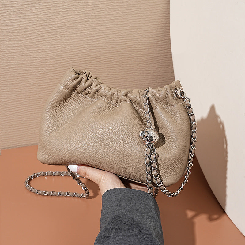 Ruched Top-Grain Leather Chain Shoulder Bag